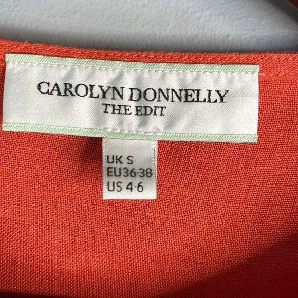 CAROLYN DONNELLY Edit Orange Linen Shirt Hidden Buttons Collarless Coastal 4-6 - Picture 7 of 11